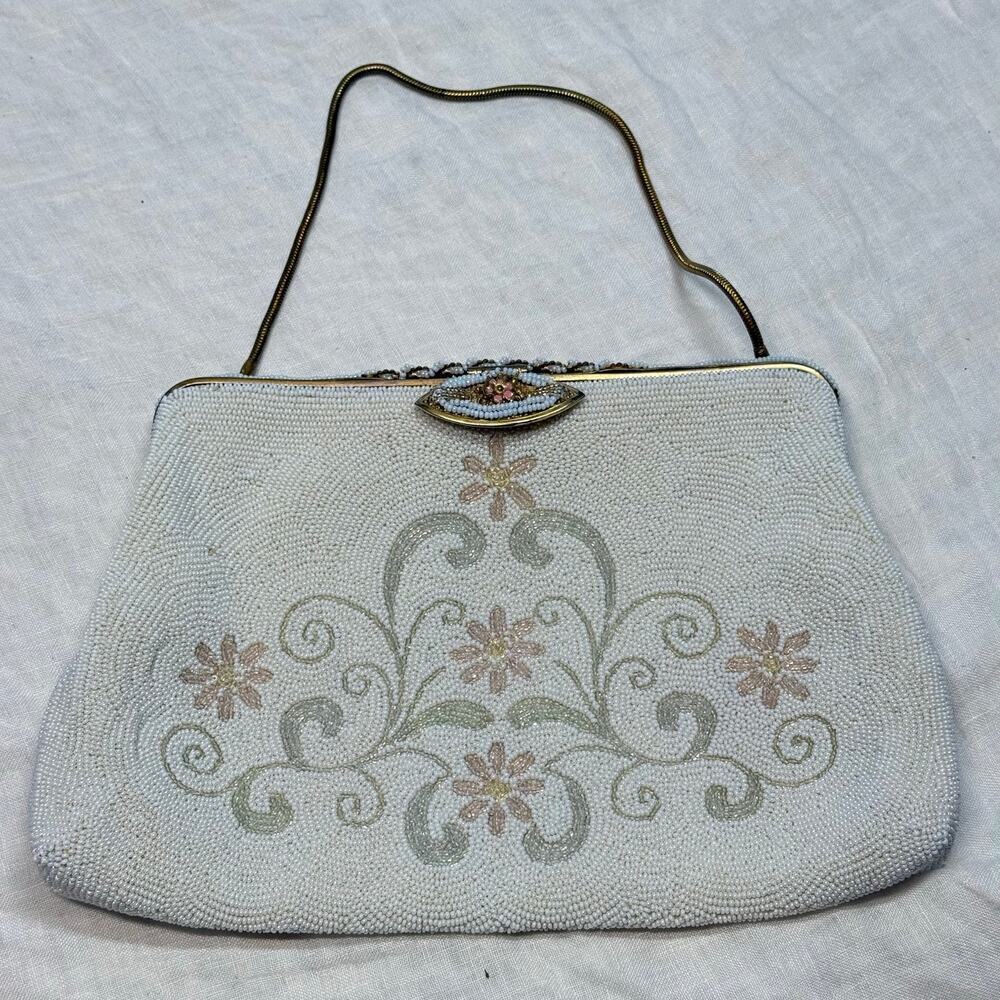 Vintage 1950s Intricate Beaded Floral Scroll Pastel Gold Frame Mini Handbag